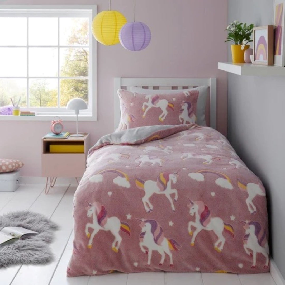 Unicorn Rainbow Duvet Set Glow In The Dark Fleece Teddy Duvet Covers The Spotty Bag Shop