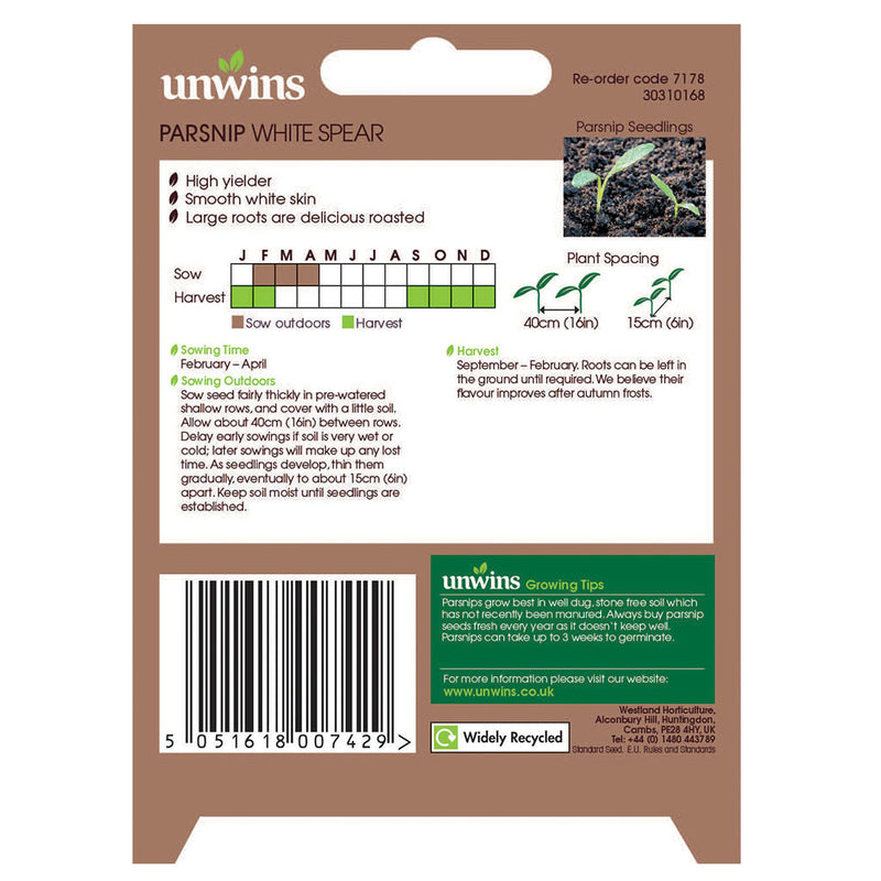 Unwins Parsnip White Spear Seeds